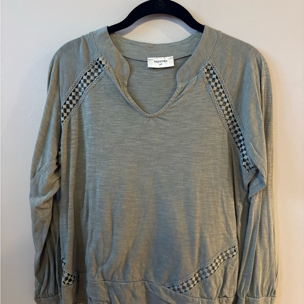 Sojourn Petite Women's Long Sleeve Top in Gray  Green with Lace Detail